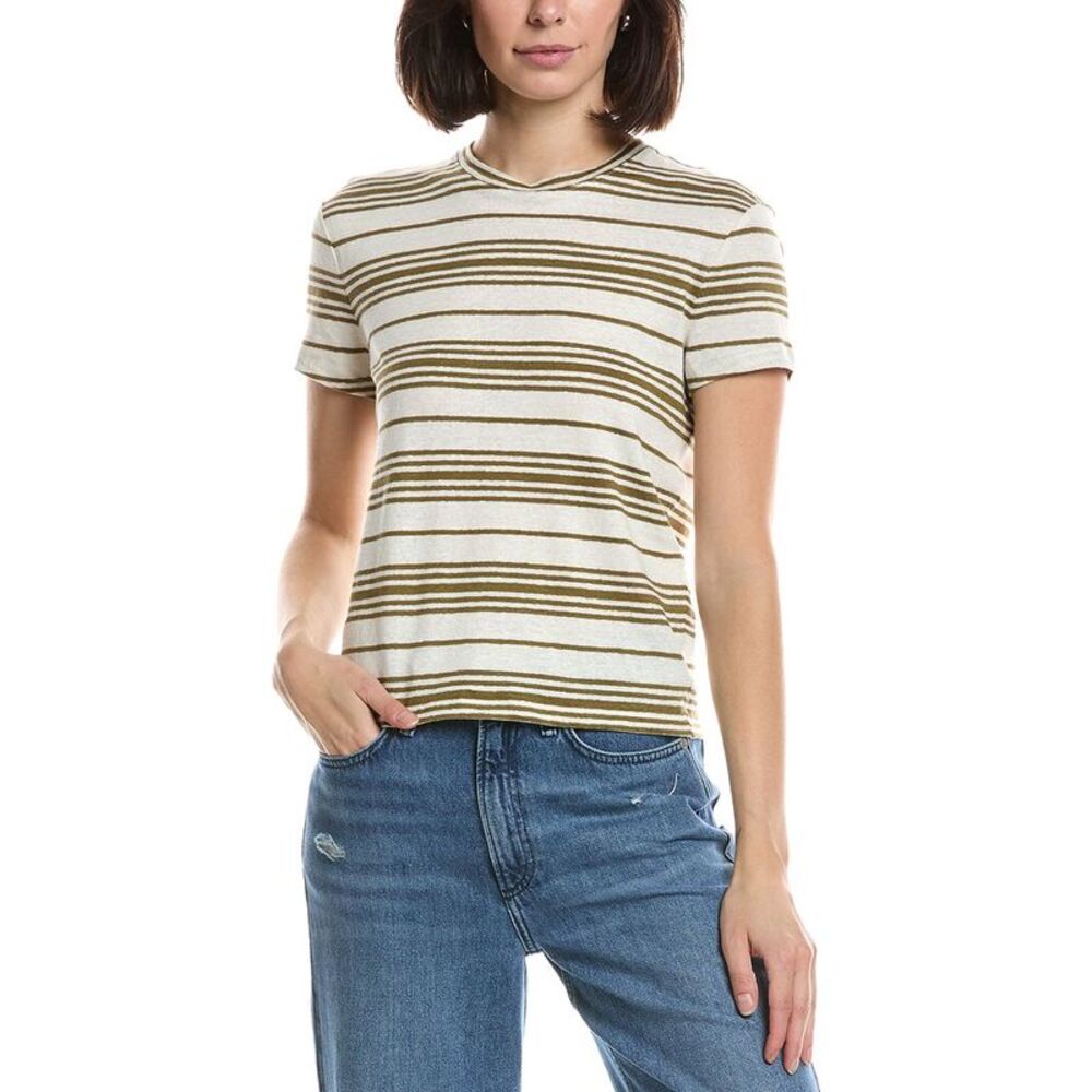 Frame Denim Womens Frame The Striped Linen-Blend T-Shirt, Green